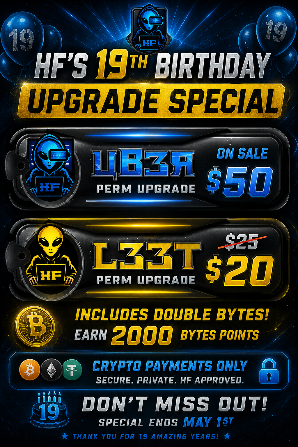 HF 19th Birthday Upgrade Sale